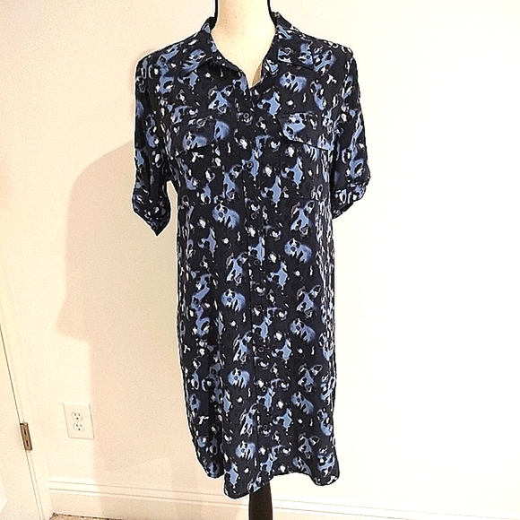 Equipment Signature Shirt Dress 100% Silk Cheetah Animal Print Blue and Black M - Picture 2 of 10